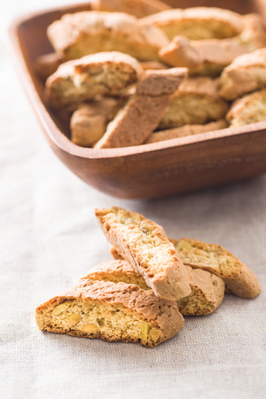 Sweet cantuccini biscuits. Italian biscotti on tablecloth.の写真素材
