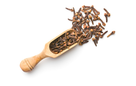 Carnation, dried clove spice in wooden scoop isolated on white background.の写真素材