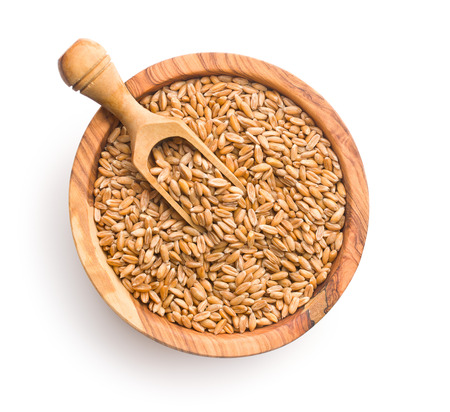 Healthy spelt grains in wooden bowl isolated on white background.の写真素材