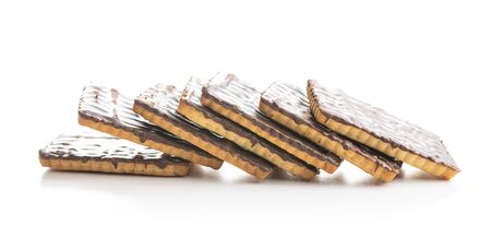 Sweet chocolate biscuits. Chocolate cookies isolated on white background.の写真素材