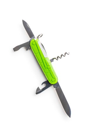 Green multi tool penknife isolated on white backgrond.