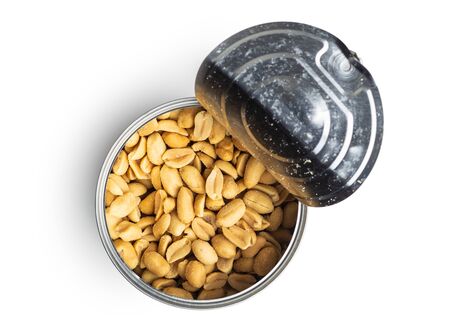 Roasted salted peanuts. Crispy nuts in can isolated on white background.