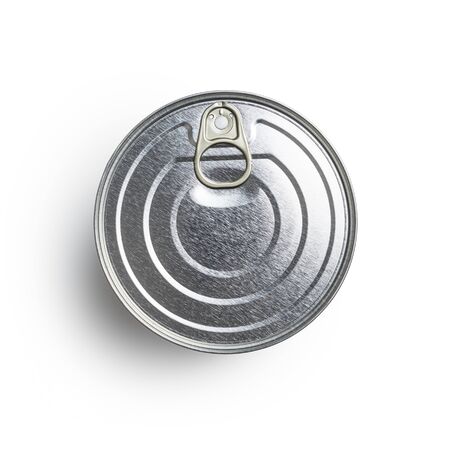 Top view of closed tin can with ring pull isolated on white background.