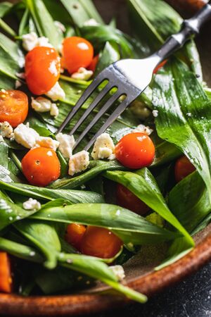Fresh salad with wild garlic,tomatoes and feta cheese on plate. Ramsons leaves.