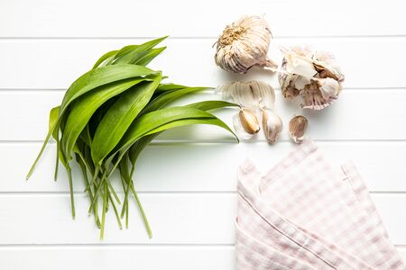 Green wild garlic leaves. and garlic bulb. Ramsons leaves on white table. Top view.の写真素材