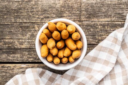Mini bread sticks in bowl. Top view.の写真素材
