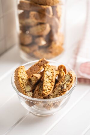 Sweet italian cantuccini cookies. Almonds biscuits in bowl.の写真素材