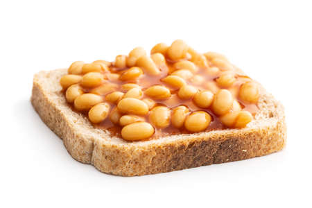 Toast bread with baked beans isolated on white background.
