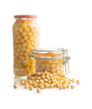 Healthy canned chickpeas in jar isolated on white background.の写真素材