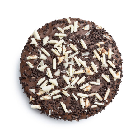Sweet chocolate pie. Cake with chocolate sprinkles isolated on white background.の写真素材