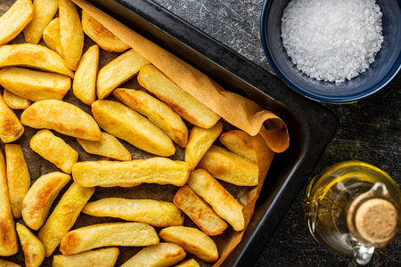 Big french fries. Fried potato chips. Top view.