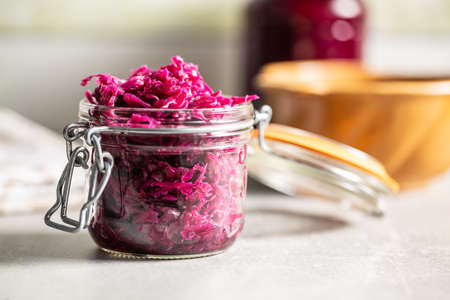 Red sauerkraut. Sour pickled cabbage