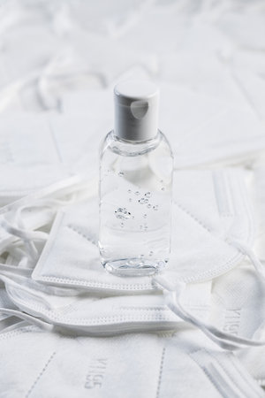 Hand sanitizer gel. KN95 face mask. FFP2 maskの写真素材