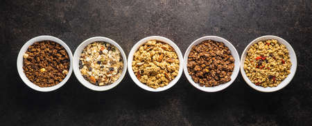 Various breakfast cereals. Morning granola in bowl. Top view.の写真素材
