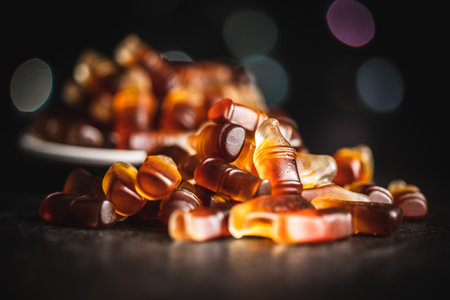 Jelly candies with cola flavor on black table.の写真素材