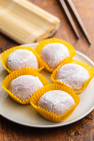Sweet japanese mochi dessert on plate.の写真素材