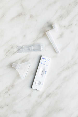 Covid-19 rapid antigen test. Rapid antibodies test kit. Top view.