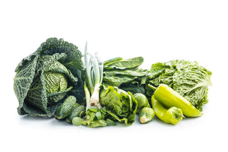 Different types of green vegetables isolated on white background.の写真素材