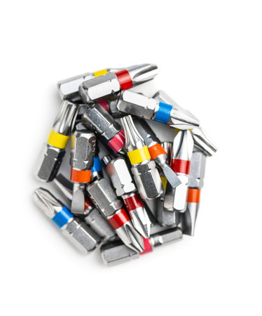 Set of screwdriver bits. Various types of screwdriver heads isolated on white background.