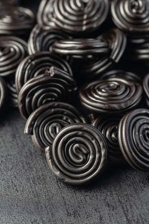 Spiral from liquorice candy on black table.の写真素材