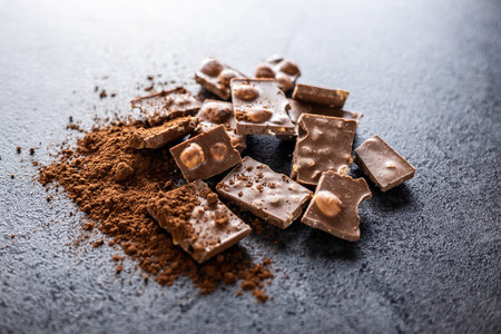 Nutty chocolate with hazelnuts and cocoa powder on black table.の写真素材
