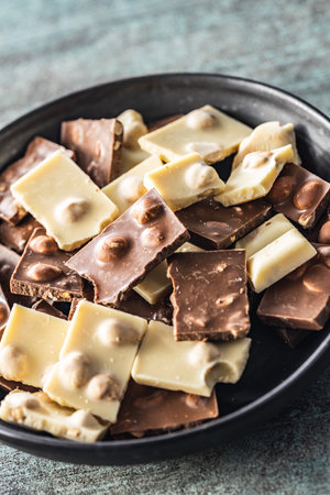 Nutty white and dark chocolate with hazelnuts on plate.