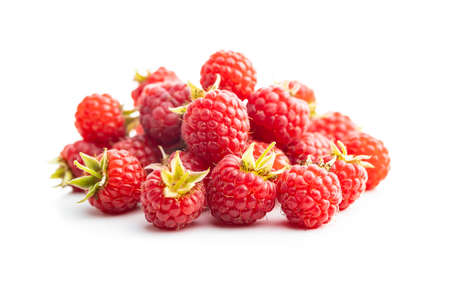 Fresh red raspberries isolated on white background.