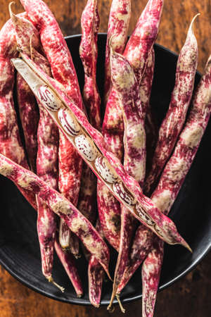 Cranberry beans. Borlotti beans. Beans pods. Top view.の写真素材