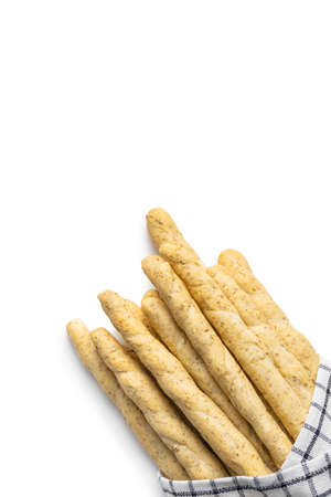 Grissini sticks. Traditional italian bread sticks isolated on white background.の写真素材