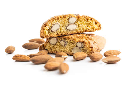 Italian cantuccini cookies. Sweet dried biscuits with almonds isolated on white background.の写真素材