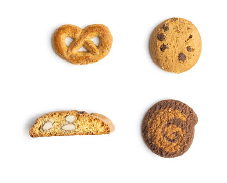 Various cookies. Sweet biscuits isolated on white background.の写真素材