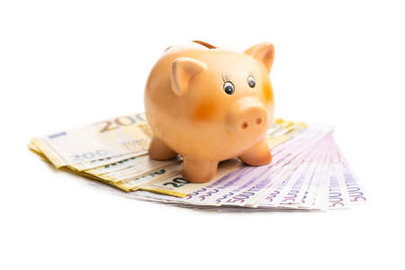 Euro banknotes and piggy bank isolated on white background.の写真素材