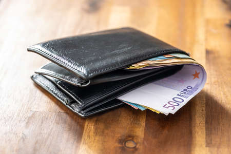 Leather wallet and euro money. Euro banknotes.の写真素材