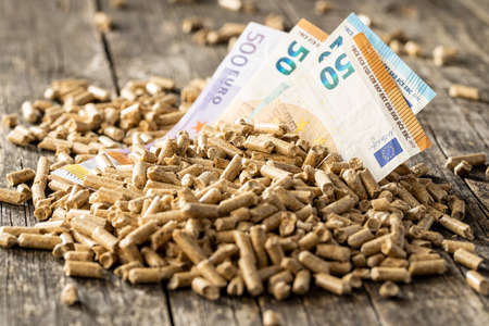 Wooden pellets and euro banknotes. Ecological heating.の写真素材