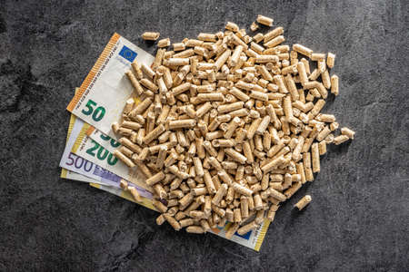 Wooden pellets and euro banknotes. Ecological heating. Top view.の写真素材
