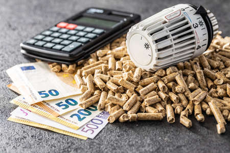 Ecological heating. Wooden pellets, euro banknotes, calculator and thermostatic head.の写真素材
