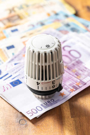 Thermostatic head and Euro money on wooden table. Euro banknotes.の写真素材