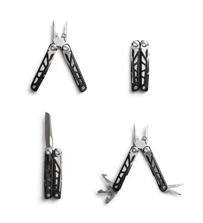 Multi-tools pliers with other tools and knife. Multifunction pliers isolated on white background.