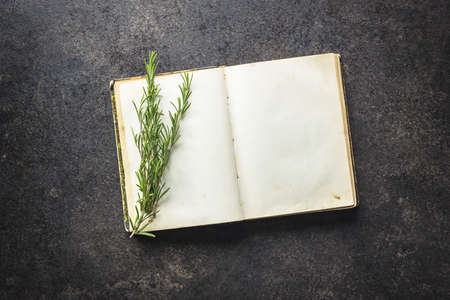 Blank cookbook and spice. Recipe book with rosemary branch.の写真素材