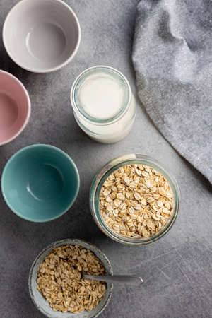 Breakfast cereals. Uncooked oatmeal. Raw oat flakes. Top view.の写真素材