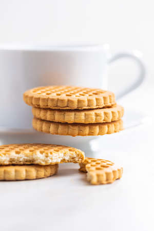 Butter biscuits. Sweet cookies on white table.