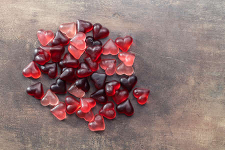 Heart shaped jelly candy. The sweet candies. Top view.の写真素材