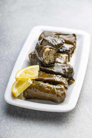 Dolmades. Stuffed vine leaves. Greek appetizer on the plate.の写真素材