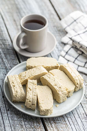 Sweet tahini halva. Turkish dessert on a plate.の写真素材