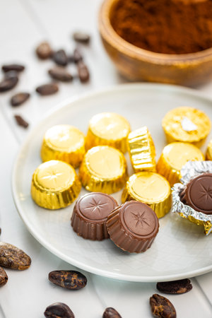 Wrapped chocolate pralines. Sweet chocolate candies and cocoa beans on plate.の写真素材