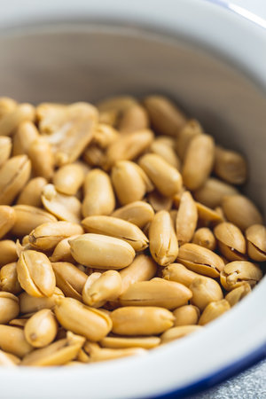 Roasted peeled peanuts in a bowl.の写真素材