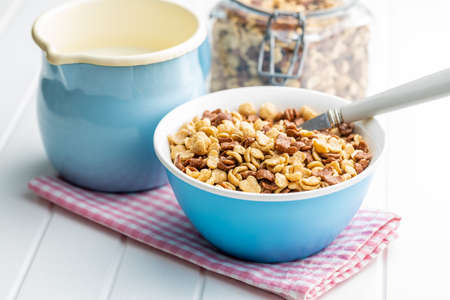 Breakfast cereal flakes in a bowl and milk on a checkered napkin.
