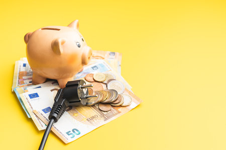 Electric plug, piggy bank and euro money. Concept of the increasing electricity prices.