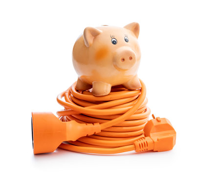 Orange extension power cord and piggy bank isolated on the white background.の写真素材