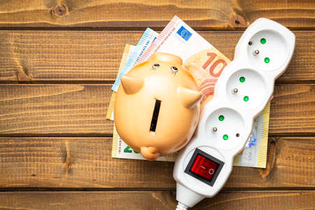 Electric socket, piggy bank and euro money on the wooden table. Concept of increasing electric prices. Top view.の写真素材